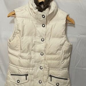 Eddie Bauer Premium Goose Down Puffer Vest in a cream or ivory color with a faux